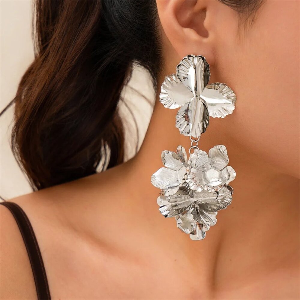 Zara Spring Blossom Oversized Silver Dipped Floral Statement Earrings NEW